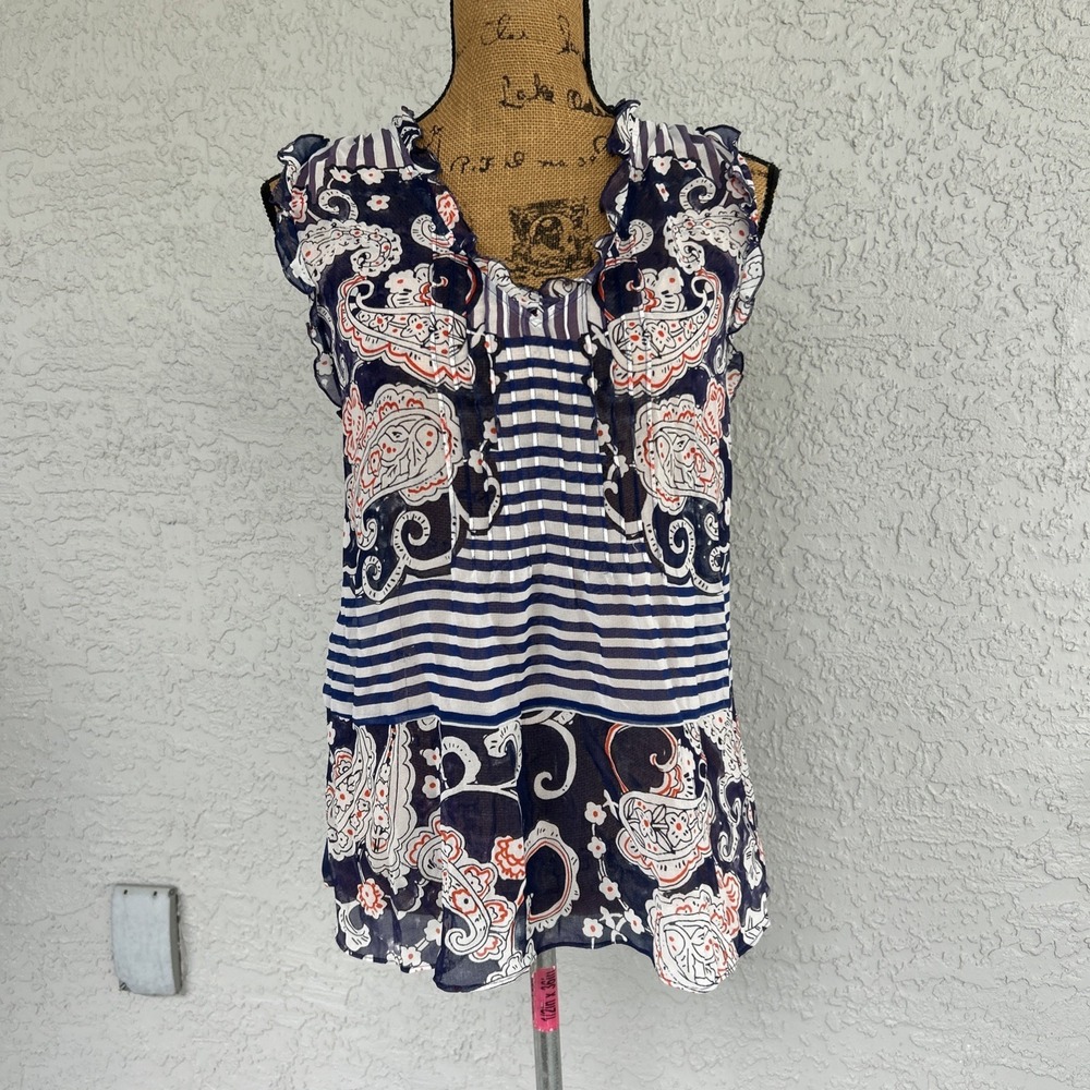 CAbi Womens M Sleeveless Top Cottagecore Paisley Stripe Sheer Ruffle Boho
